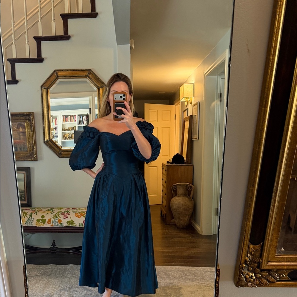 Vintage Jessica Mcluntock style Teal Off-Shoulder Dress with bow - Picture 3 of 11